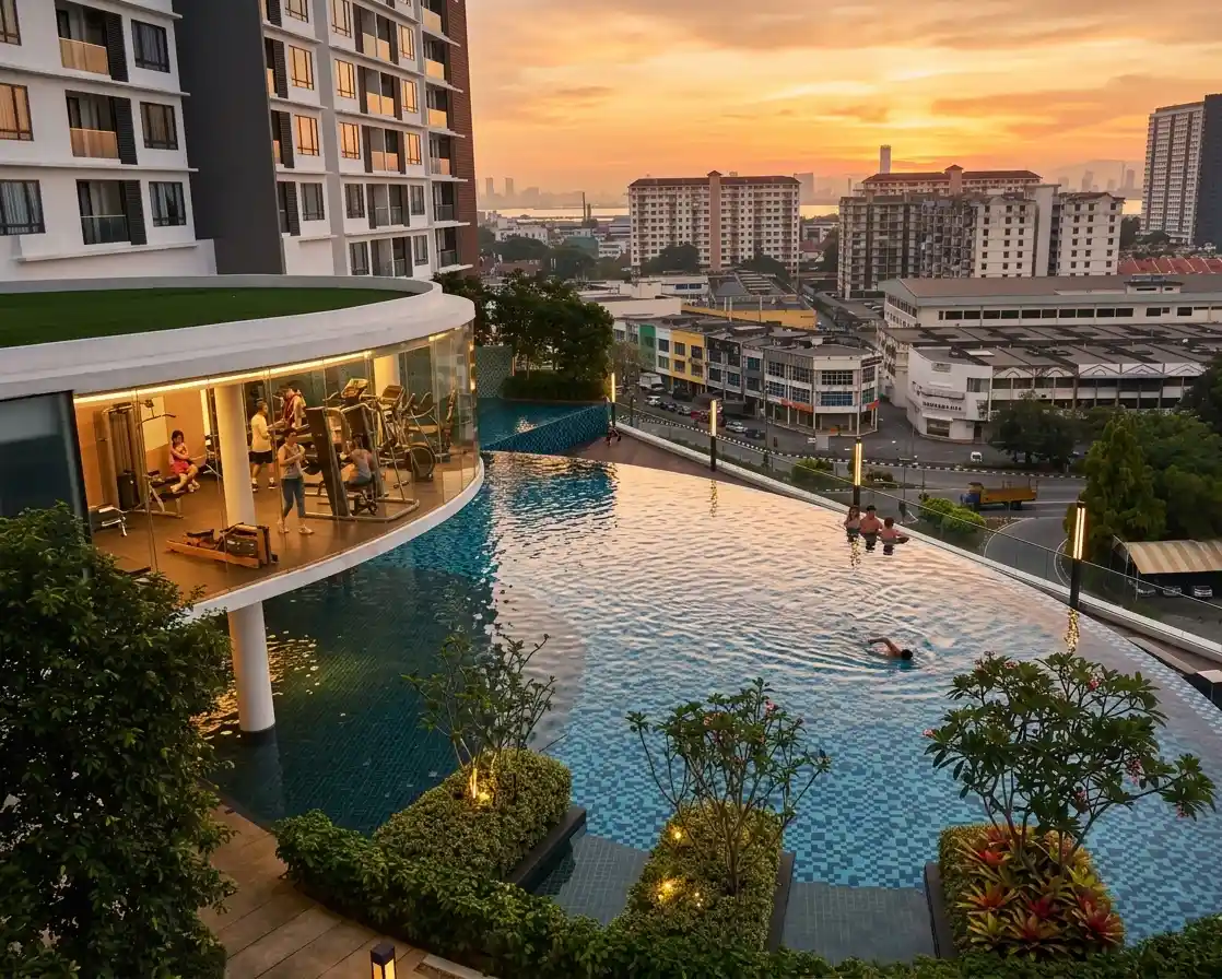 Private apartment balcony overlooking Penang Bridge at sunset
