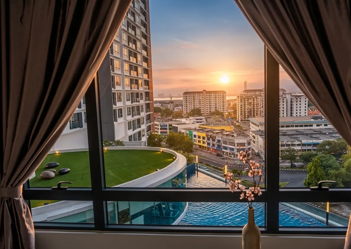 Sunset view of Penang city and pool from a Woodsbury Suites apartment window